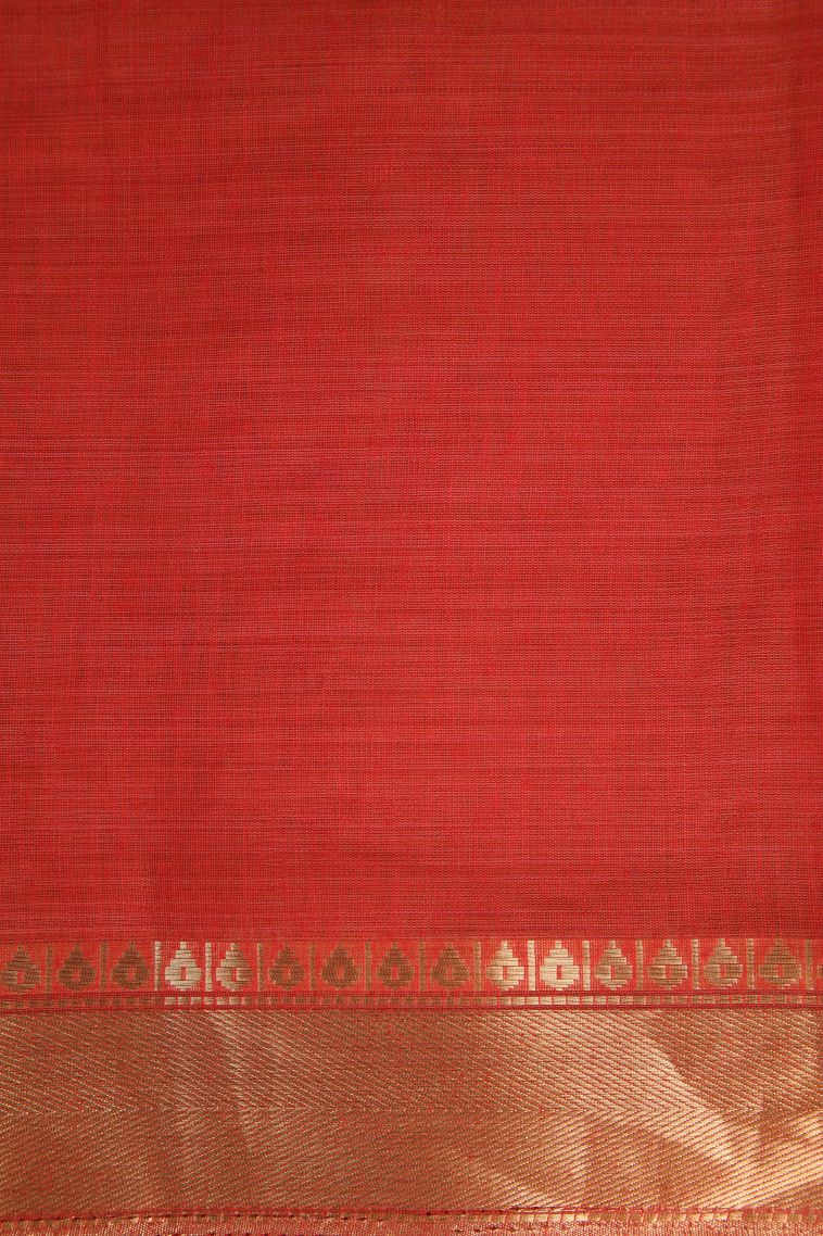 Dawn Red Chanderi Cotton Sarees Gold Zari with Floral Puttas Embroidary view 3