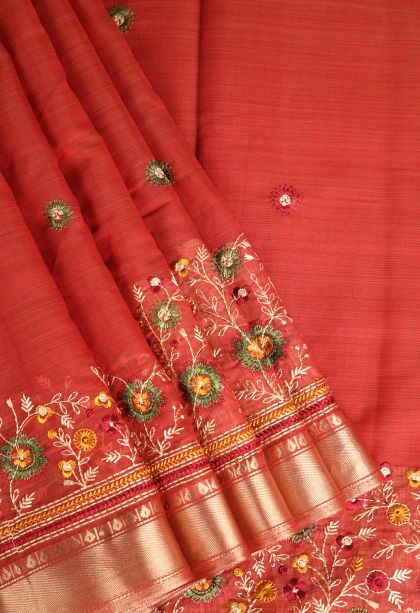 Dawn Red Chanderi Cotton Sarees Gold Zari with Floral Puttas Embroidary