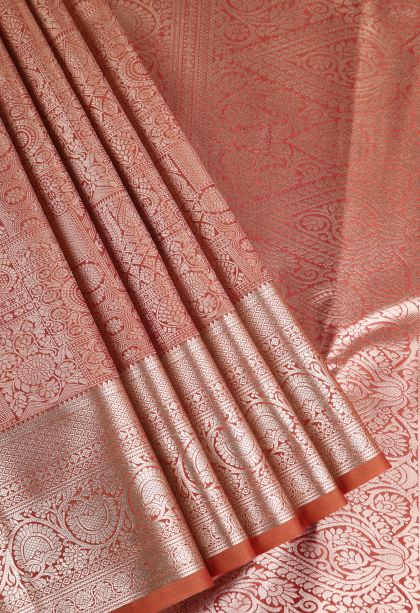 Rust Orange Apoorva Silk Sarees with Copper Zari Floral Puttas