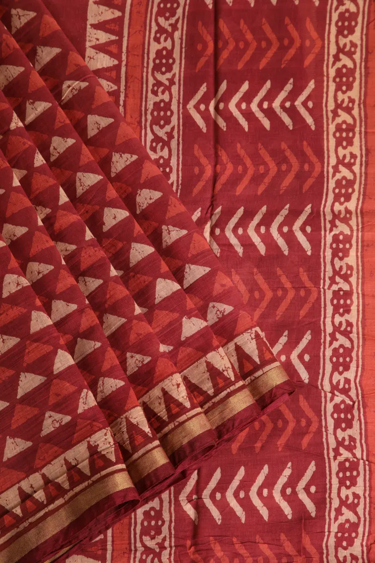 Candy Red Chanderi Cotton Sarees Without Zari With Geometric Shapes view 1