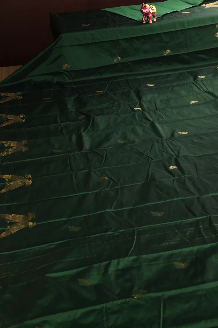 Bottle Green Arani Silk Sarees with Gold Zari Birds Mottif view 2