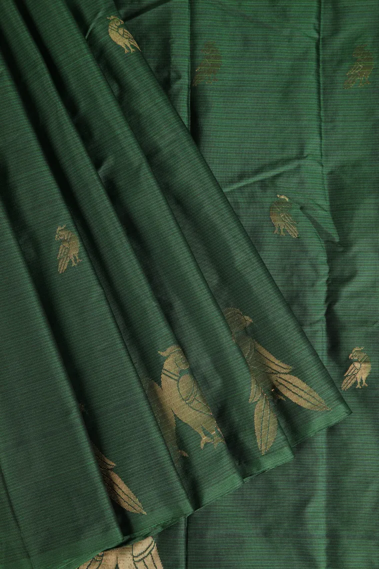 Bottle Green Arani Silk Sarees with Gold Zari Birds Mottif view 1