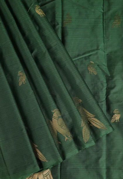 Bottle Green Arani Silk Sarees with Gold Zari Birds Mottif