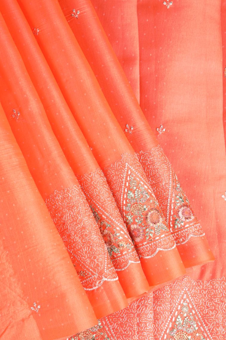 Tiger Orange Raw Silk Sarees Without Zari with Floral Puttas Embroidary view 1