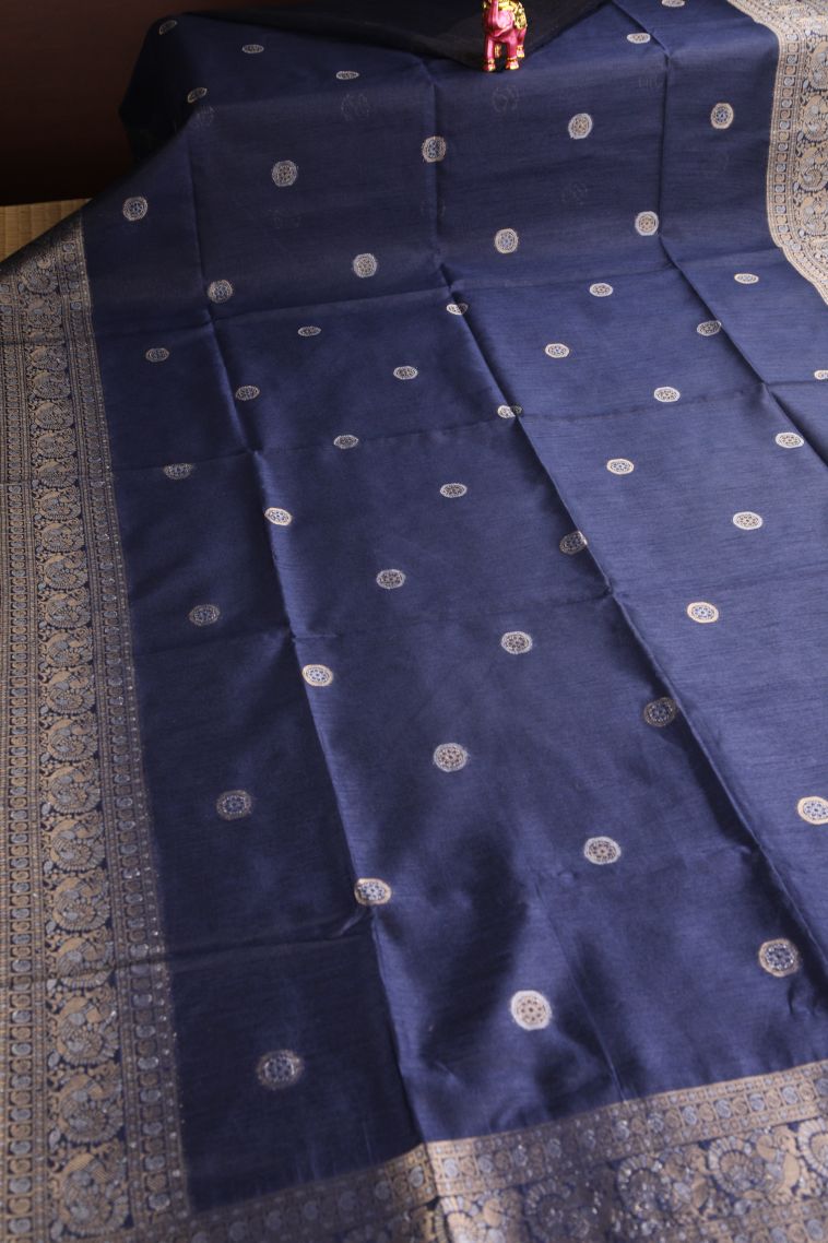 Berry Blue Raw Silk Sarees with Copper Zari Puttas view 2