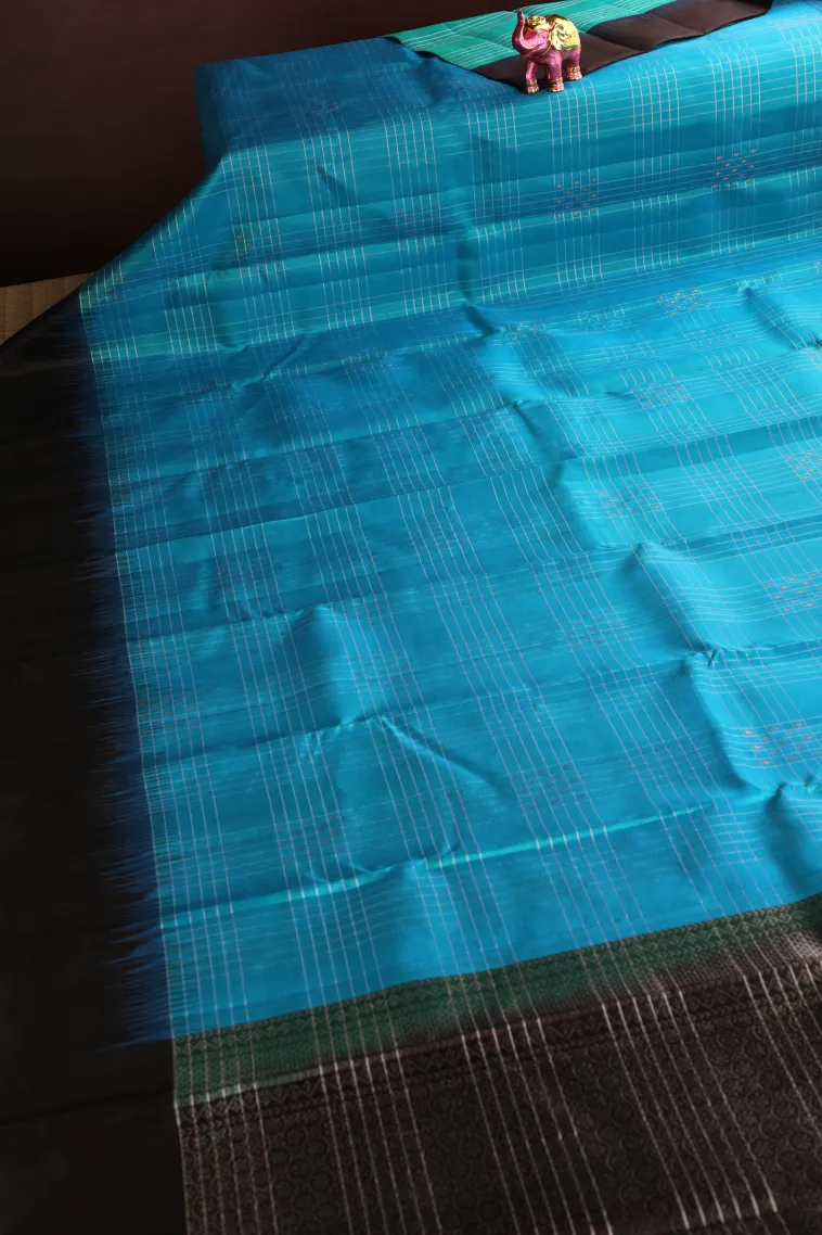 Cerulean Blue Soft Silk Saree with Silver Zari Checks view 2