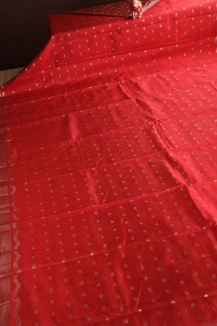 Rose Red Raw Silk Sarees with Antic Zari Puttas view 2