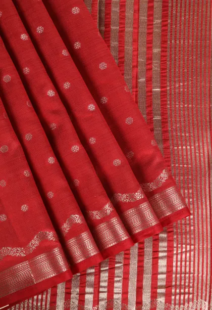 Rose Red Raw Silk Sarees with Antic Zari Puttas