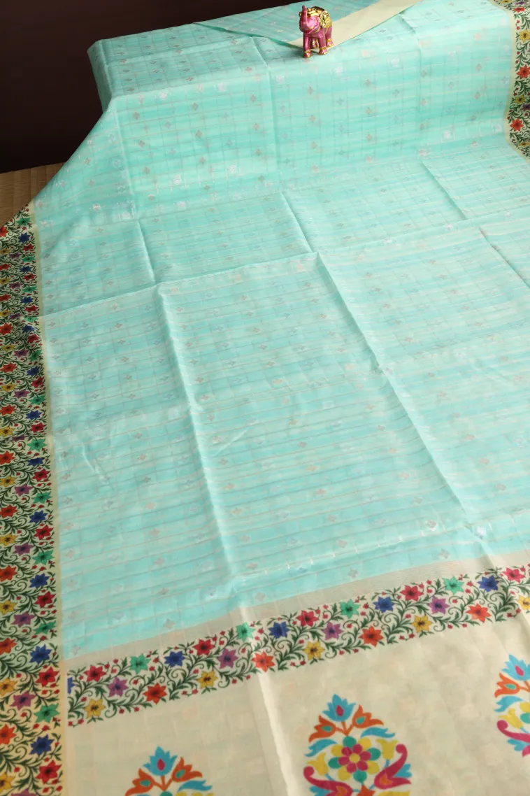 Sky Blue Raw Silk Sarees with Gold And Silver Zari Checks And Puttas view 2