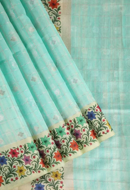 Sky Blue Raw Silk Sarees with Gold And Silver Zari Checks And Puttas