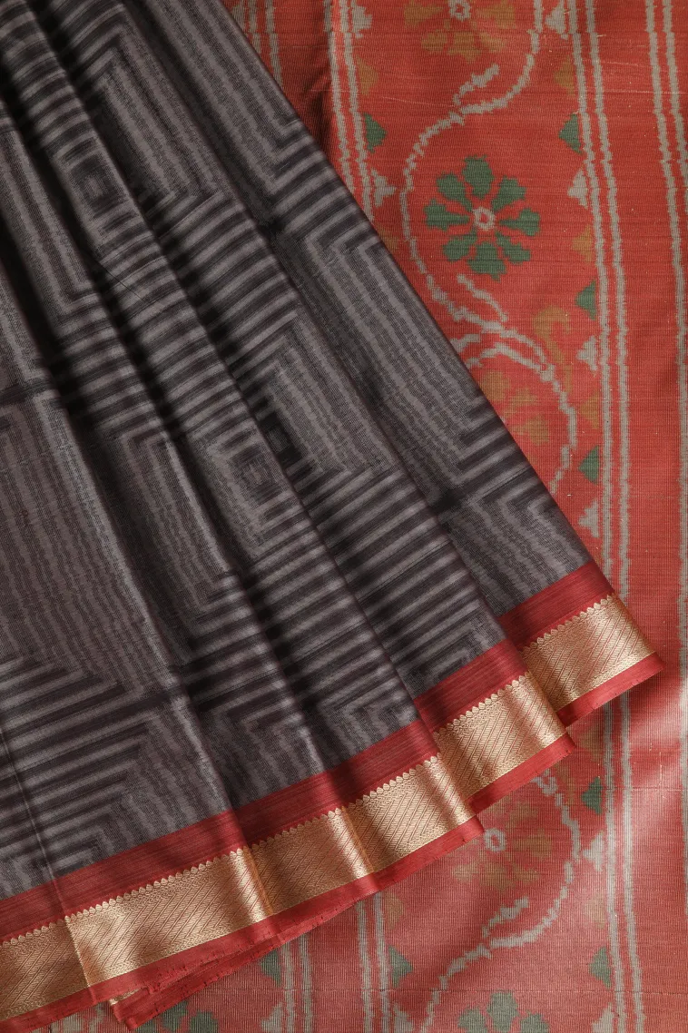 Chocolate Brown Soft Silk Sarees with Bronze Zari Geometric Shapes