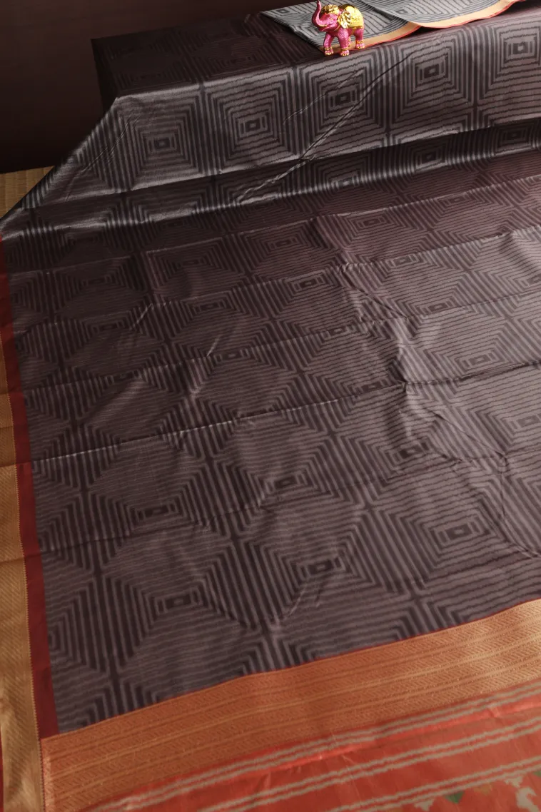 Chocolate Brown Soft Silk Sarees with Bronze Zari Geometric Shapes view 2
