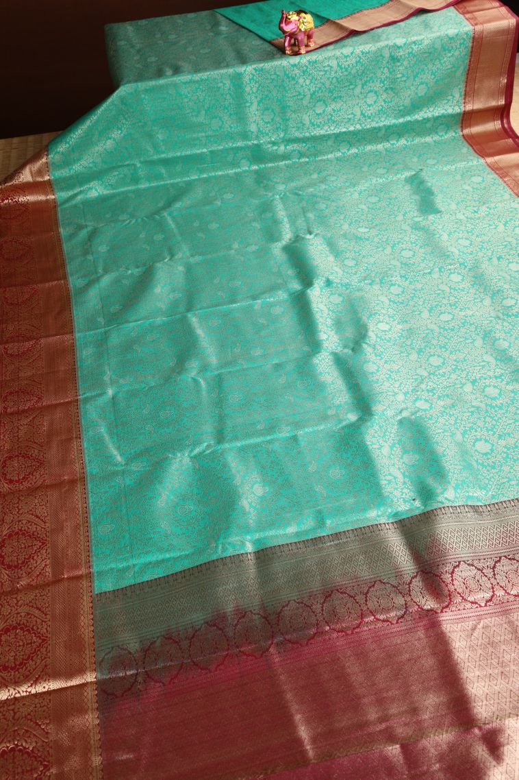 Teal Blue Apoorva Silk Sarees with Copper Zari Floral Patterns view 2