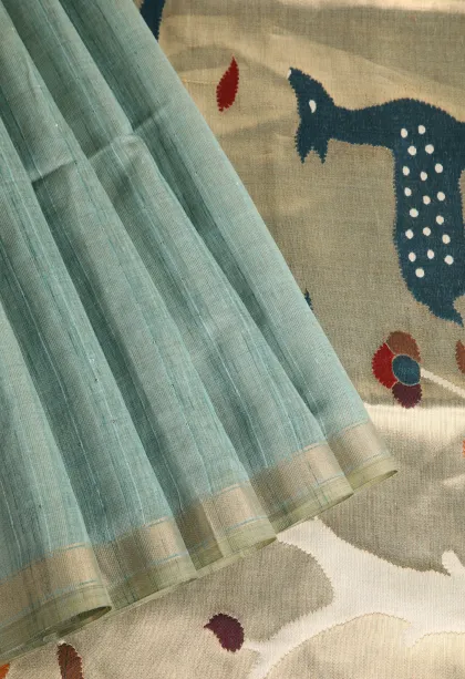 Teal Blue Jute Sarees Without Zari With Stone Work