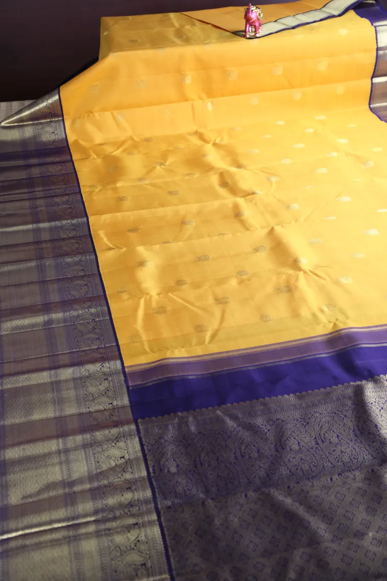 Lemon Yellow Kanchipuram Silk Sarees with Gold Zari Peacock Motifs view 2