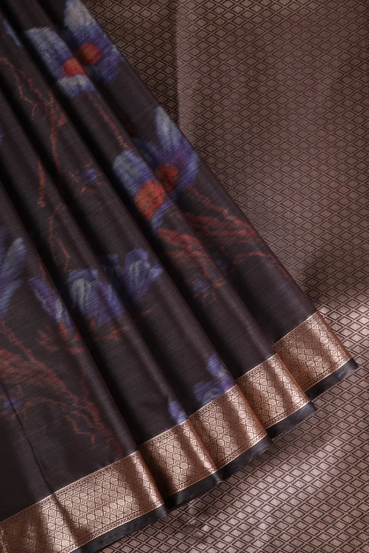 Chocolate Brown Soft Silk Sarees with Bronze Zari Flower Mottif