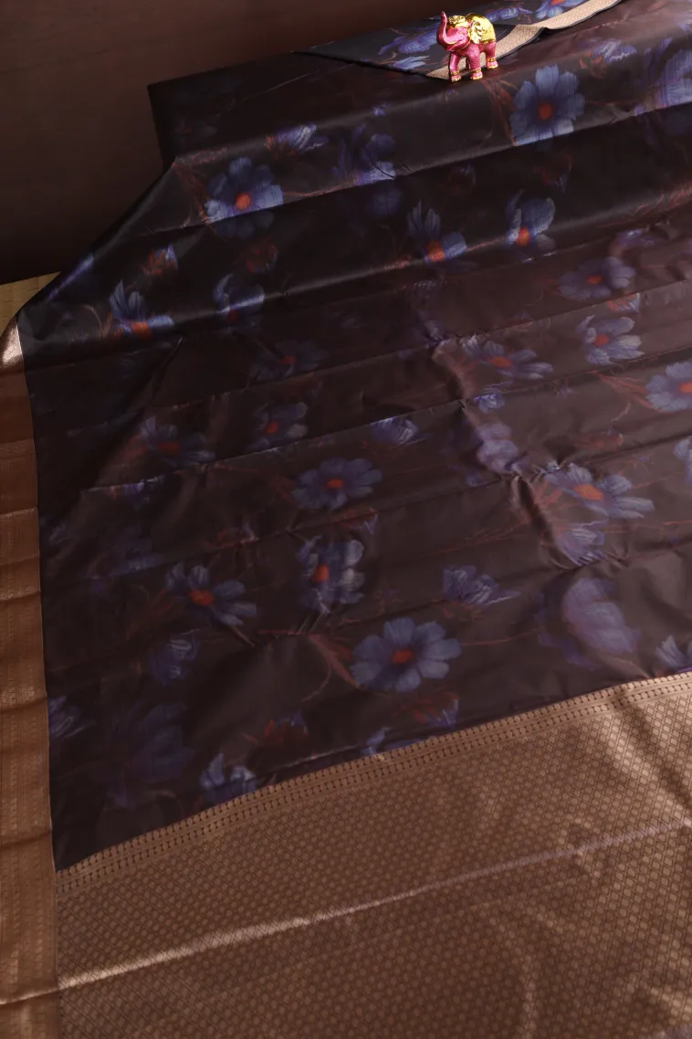 Chocolate Brown Soft Silk Sarees with Bronze Zari Flower Mottif view 2