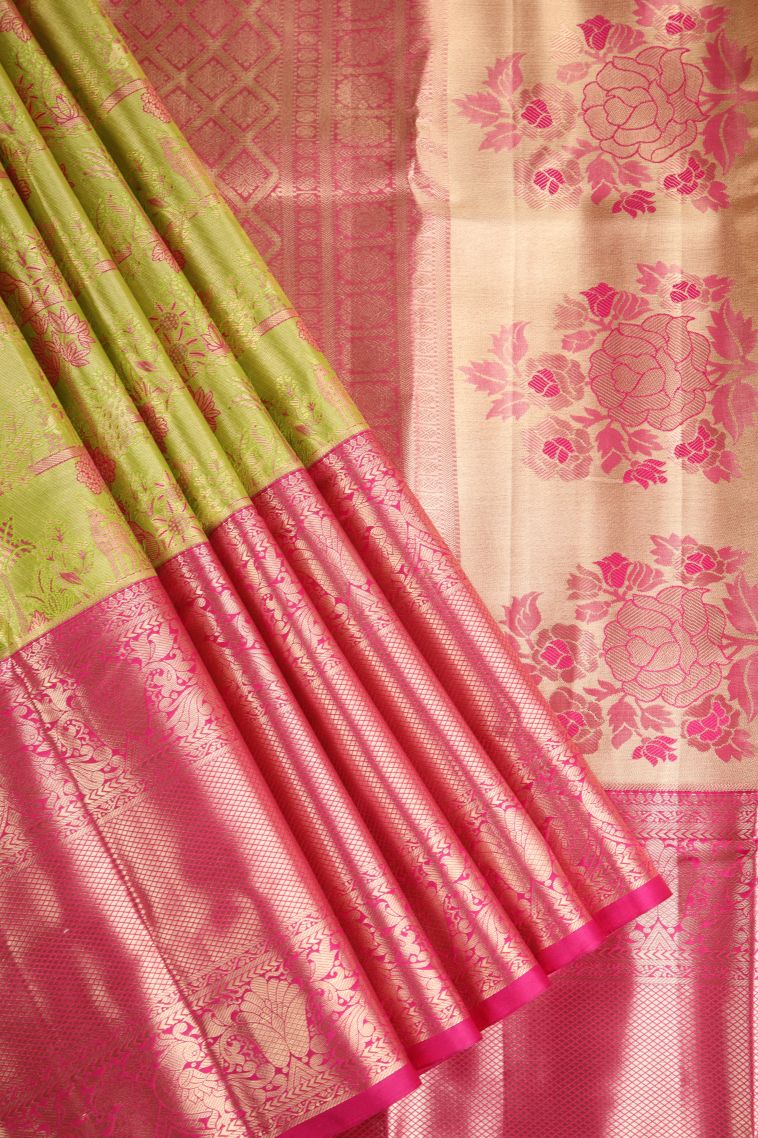 Lime Yellow Apoorva Silk Sarees with Copper Zari Floral Patterns