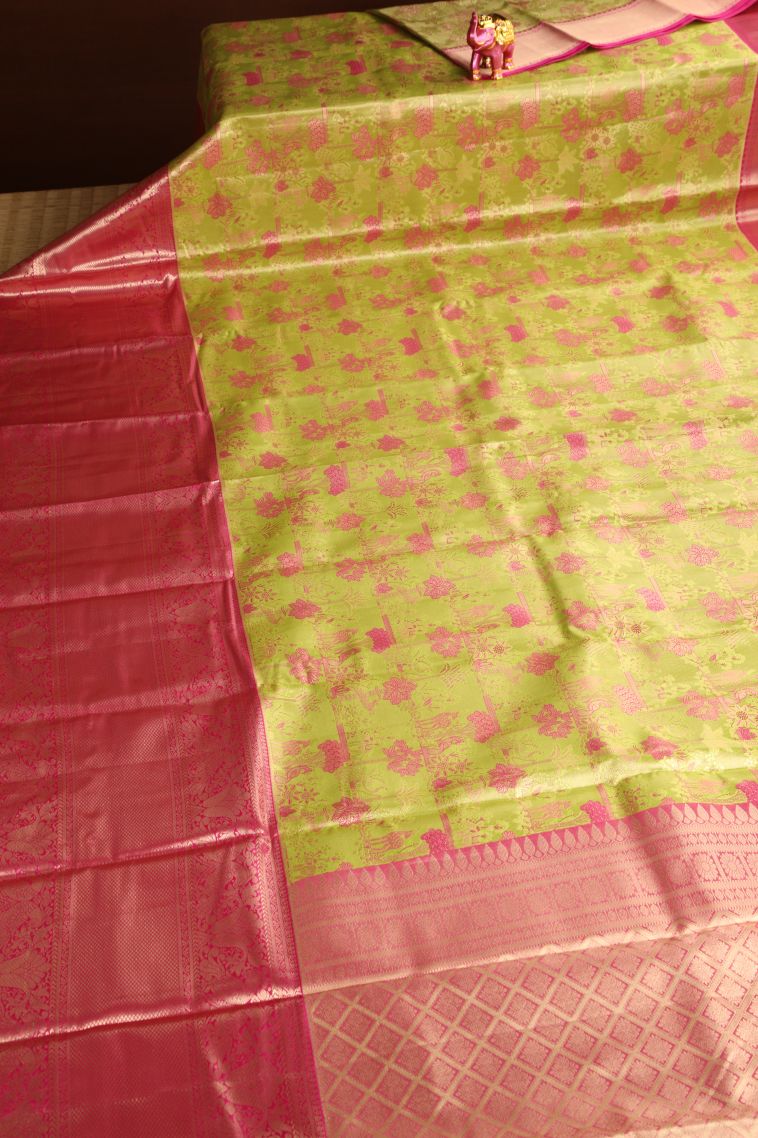 Lime Yellow Apoorva Silk Sarees with Copper Zari Floral Patterns view 2