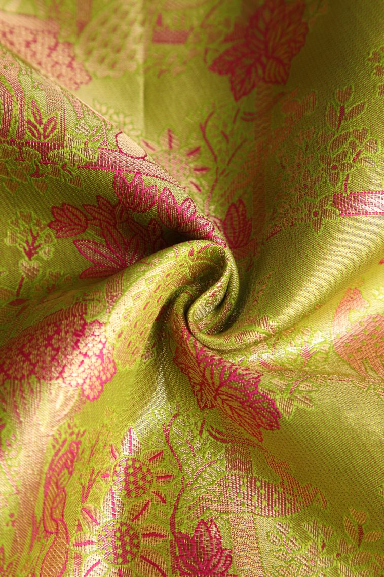 Lime Yellow Apoorva Silk Sarees with Copper Zari Floral Patterns view 4