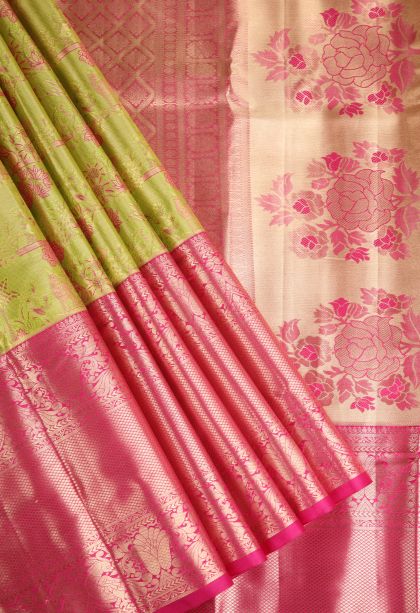 Lime Yellow Apoorva Silk Sarees with Copper Zari Floral Patterns