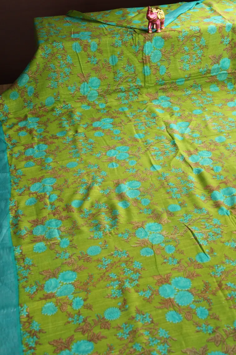 Lime Green Linen Saree with Silver Zari Floral Patterns view 2