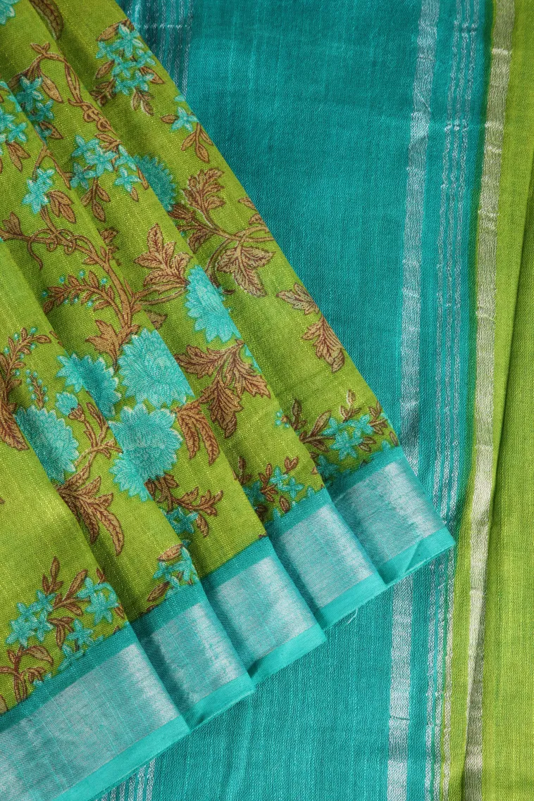 Lime Green Linen Saree with Silver Zari Floral Patterns