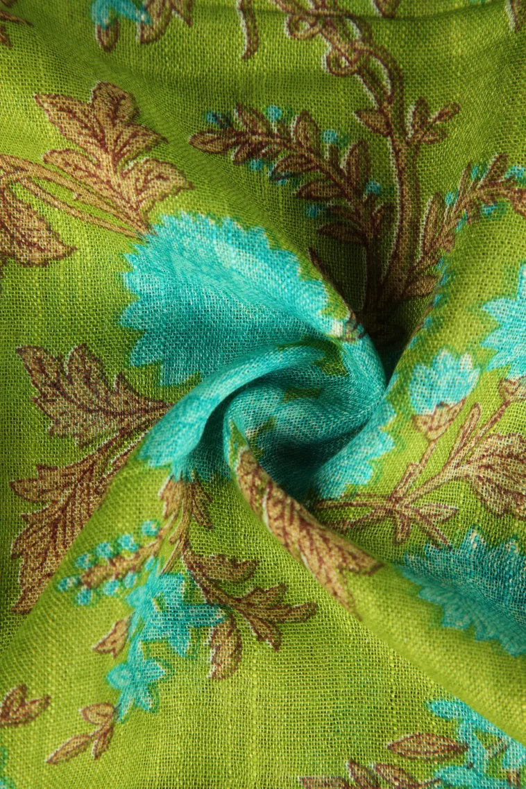 Lime Green Linen Saree with Silver Zari Floral Patterns view 4