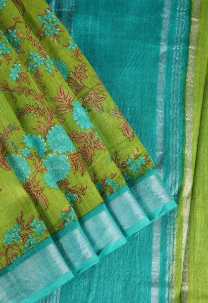 Lime Green Linen Saree with Silver Zari Floral Patterns