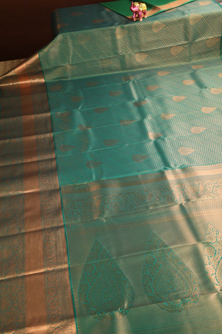 Basil Green Apoorva Silk Sarees with Copper Zari Floral Puttas view 2