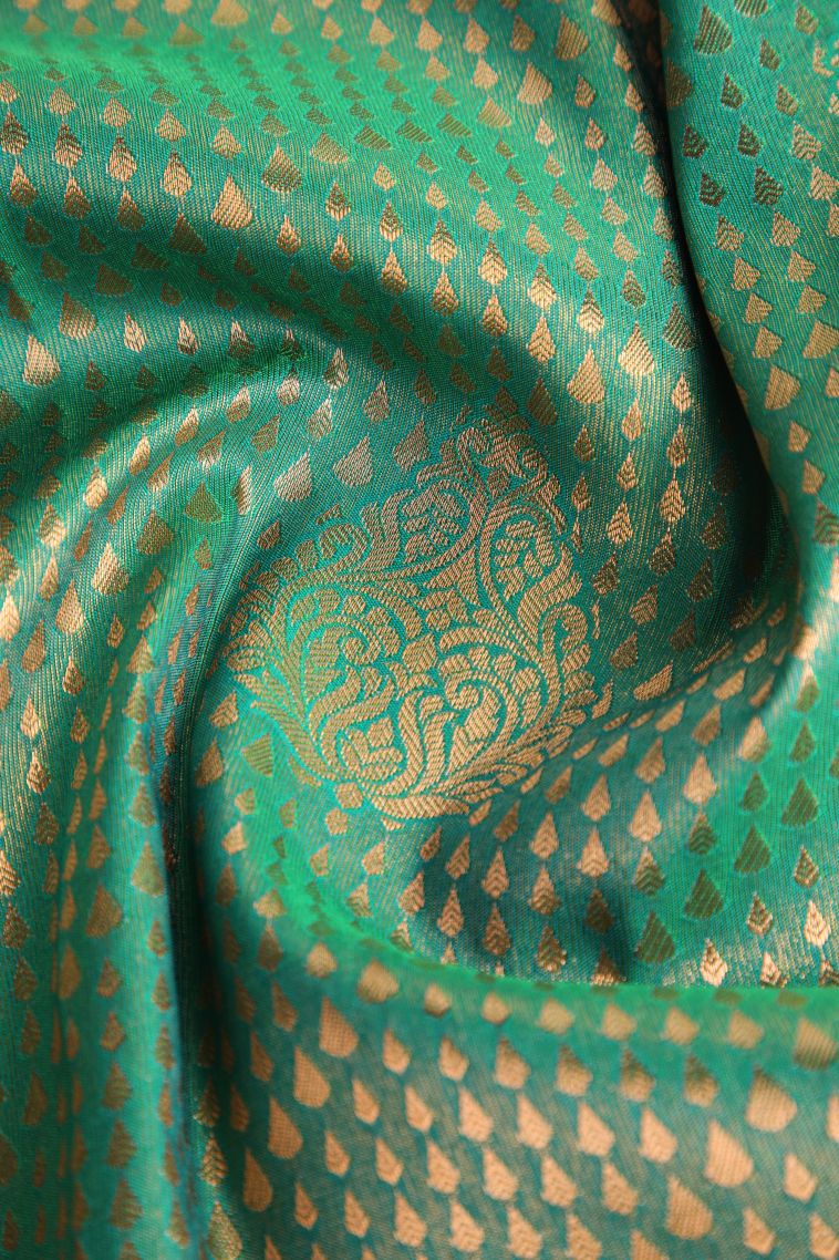 Basil Green Apoorva Silk Sarees with Copper Zari Floral Puttas view 4