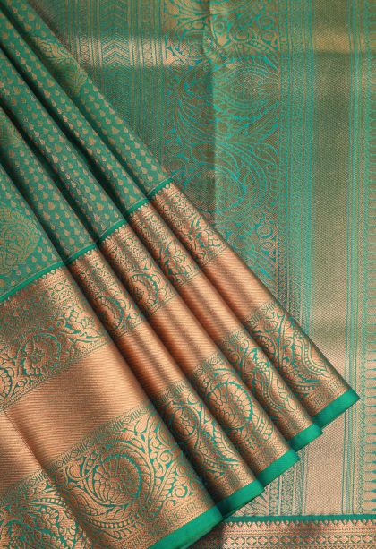 Basil Green Apoorva Silk Sarees with Copper Zari Floral Puttas