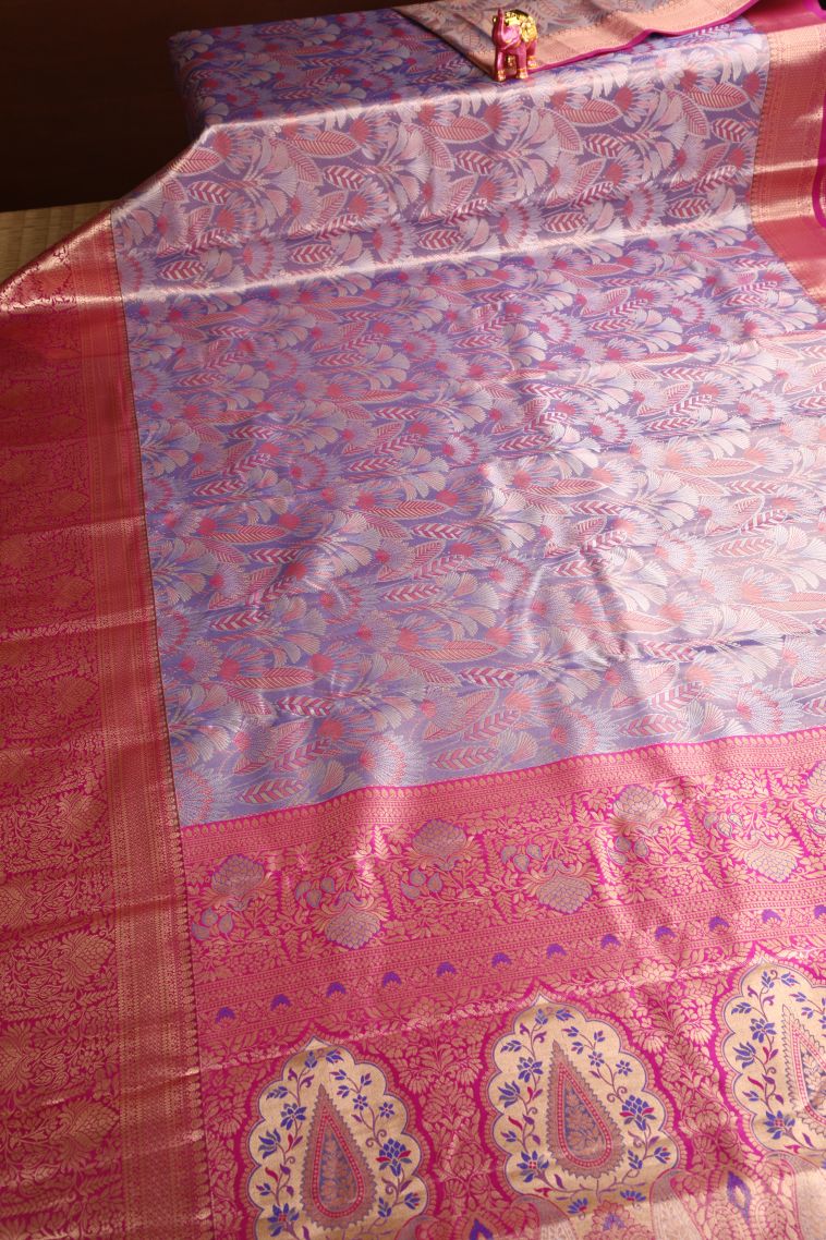 Iris Purple Apoorva Silk Sarees with Copper Zari Floral Patterns view 2