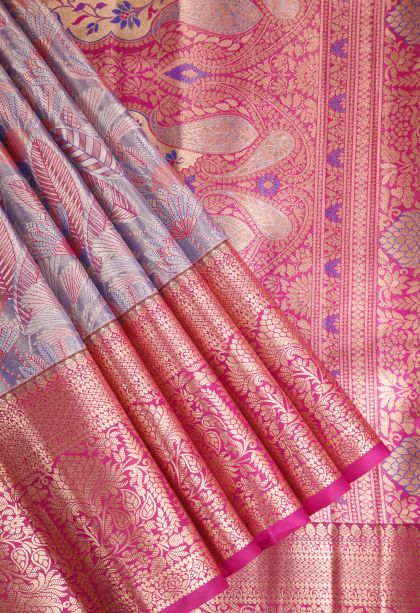 Iris Purple Apoorva Silk Sarees with Copper Zari Floral Patterns