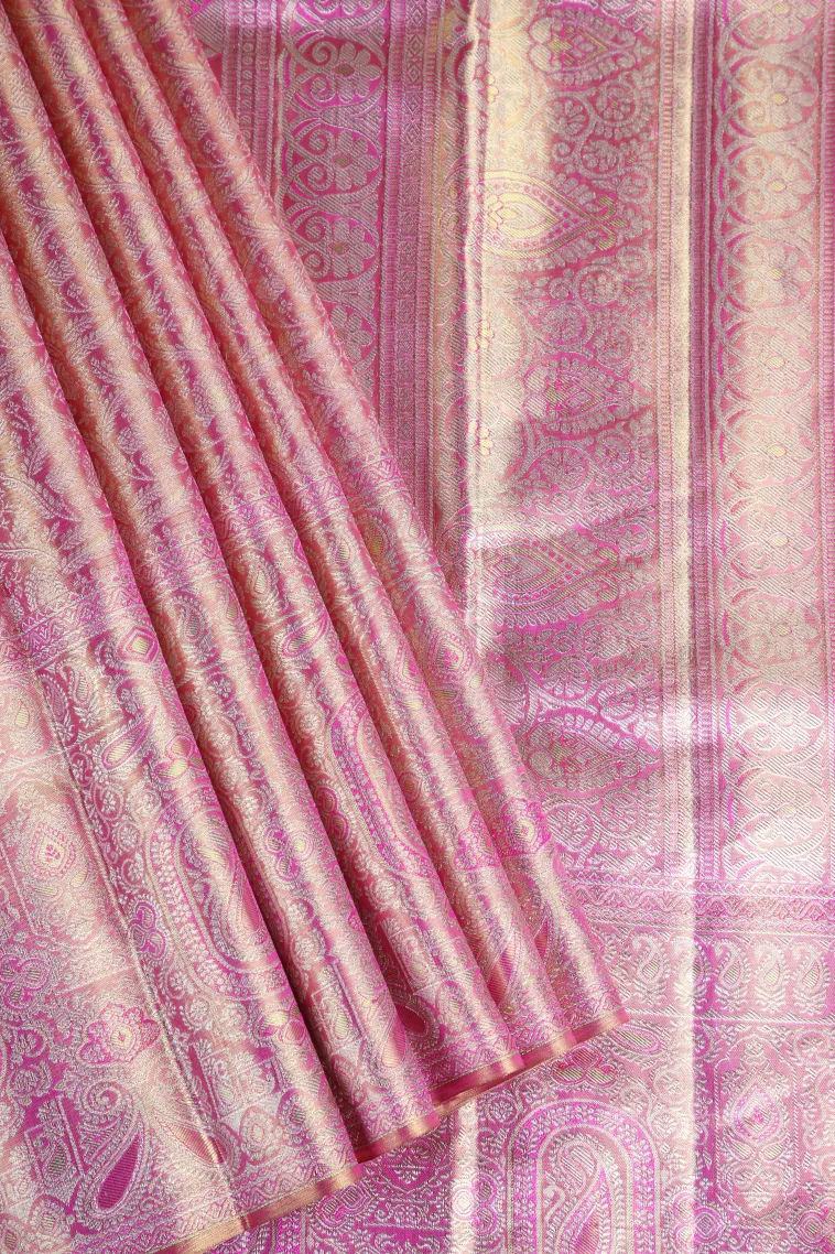 Rose Pink Kanchipuram Silk Sarees with Gold Zari Floral Patterns