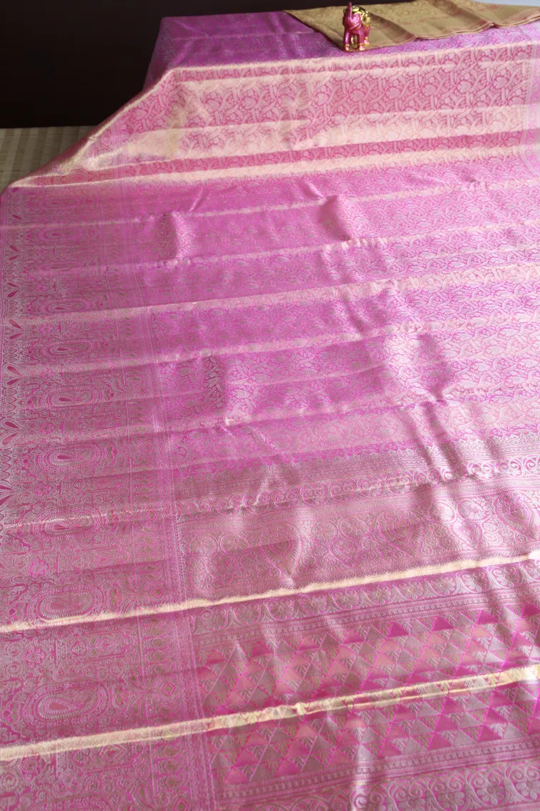 Rose Pink Kanchipuram Silk Sarees with Gold Zari Floral Patterns view 2