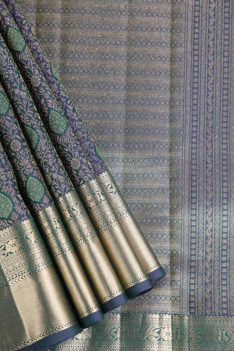 Ocean Blue Kanchipuram Silk Sarees with Gold Zari Floral Patterns