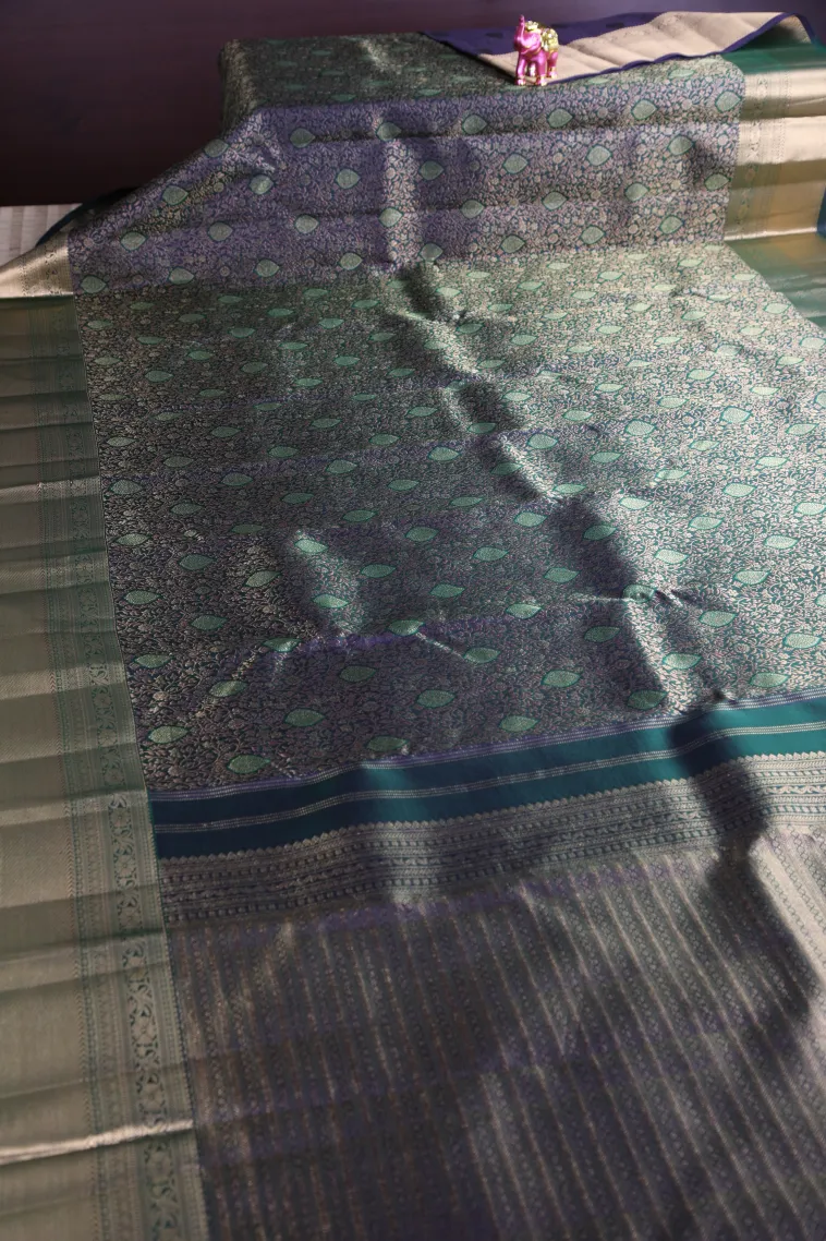 Ocean Blue Kanchipuram Silk Sarees with Gold Zari Floral Patterns view 2