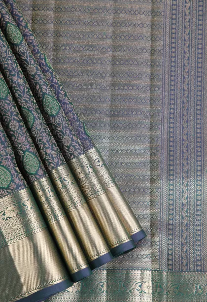 Ocean Blue Kanchipuram Silk Sarees with Gold Zari Floral Patterns