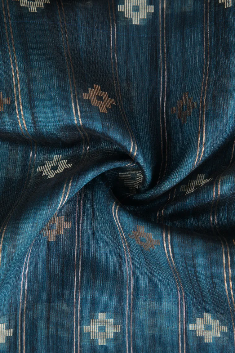 Aegean Blue Raw Silk Sarees with Gold And Silver Zari Straipes And Puttas view 4