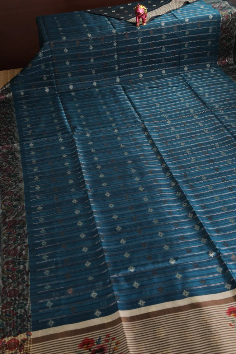 Aegean Blue Raw Silk Sarees with Gold And Silver Zari Straipes And Puttas view 2