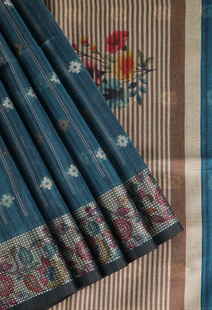 Aegean Blue Raw Silk Sarees with Gold And Silver Zari Straipes And Puttas