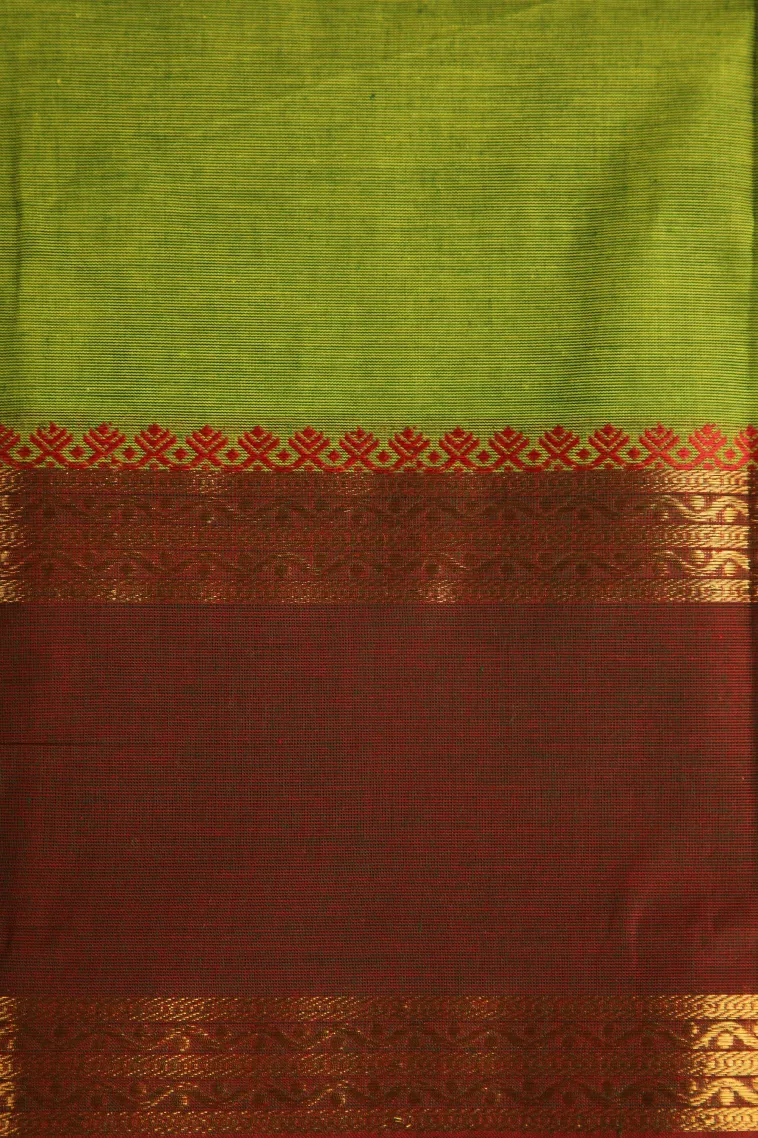Lime Green Chettinad Cotton Sarees with Gold Zari Plain view 3