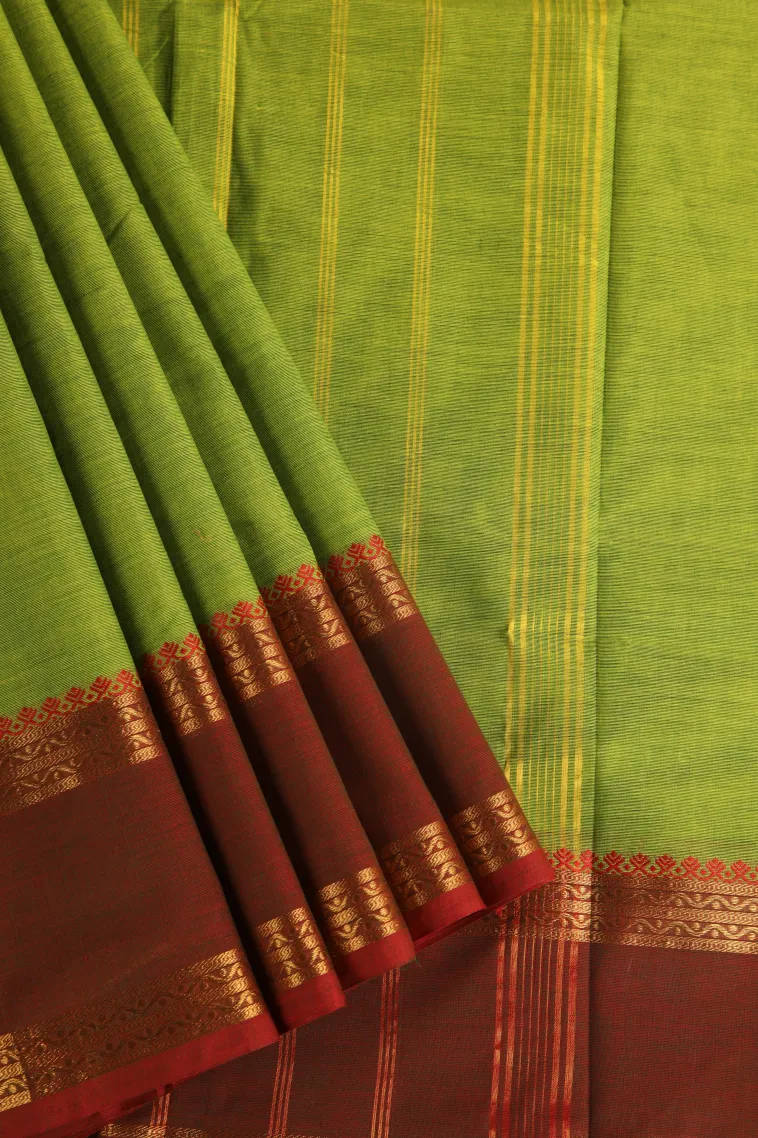 Lime Green Chettinad Cotton Sarees with Gold Zari Plain view 1