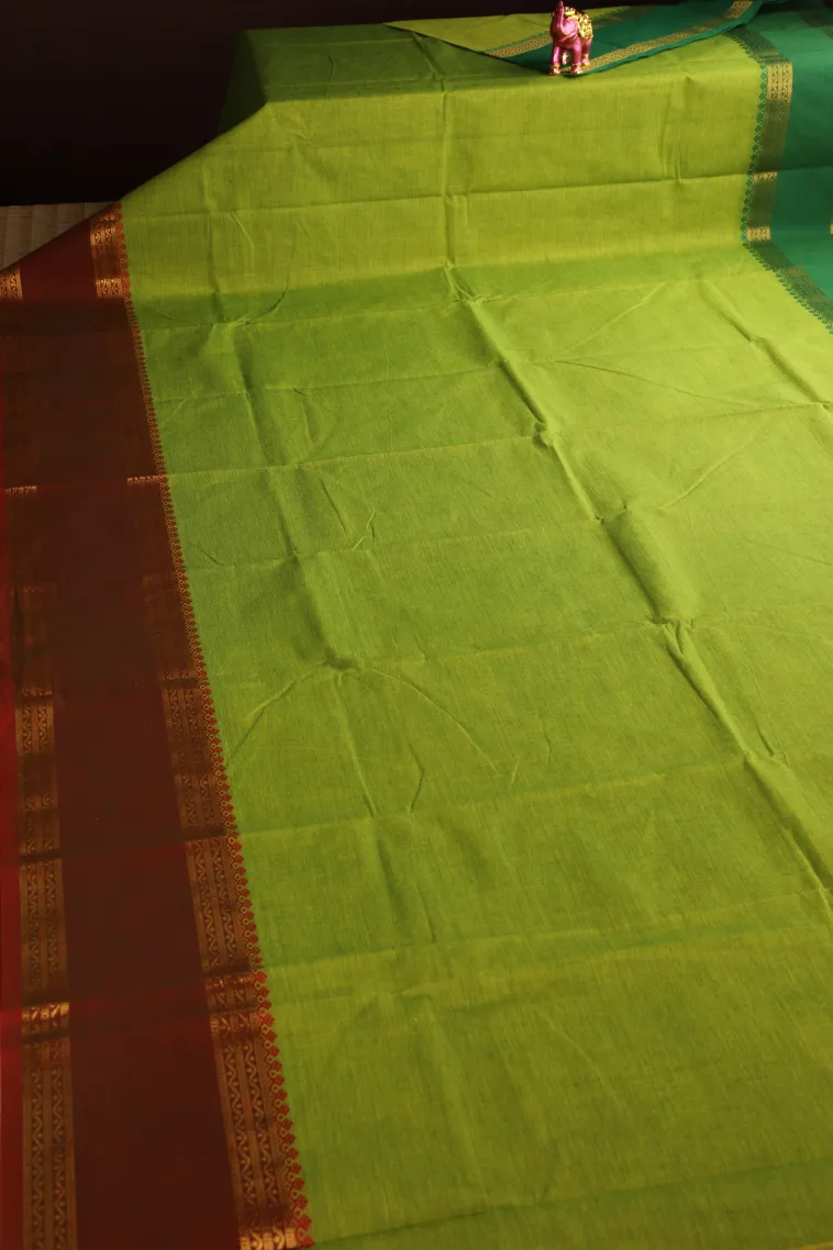 Lime Green Chettinad Cotton Sarees with Gold Zari Plain view 2