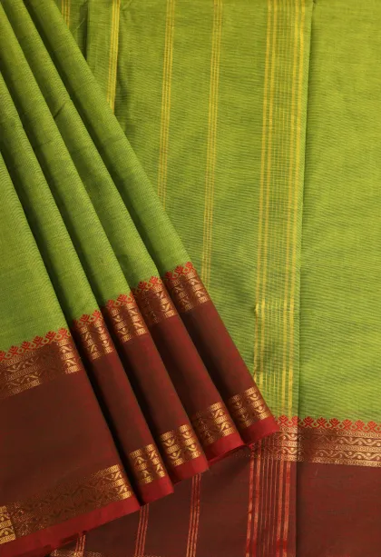 Lime Green Chettinad Cotton Sarees with Gold Zari Plain