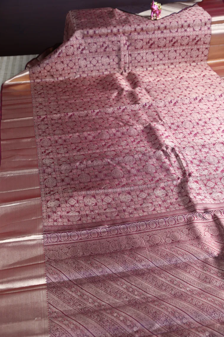 Cherry Red Kanchipuram Silk Sarees with Gold Zari Peacock And Animal view 2