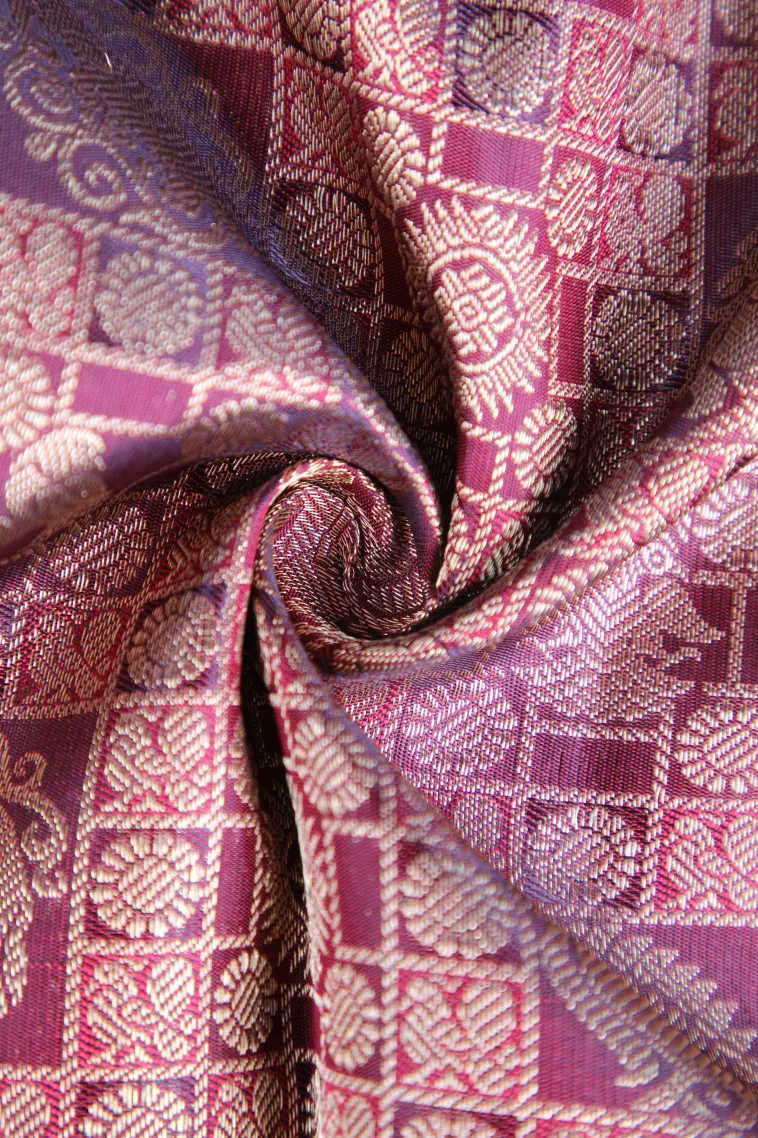 Cherry Red Kanchipuram Silk Sarees with Gold Zari Peacock And Animal view 4