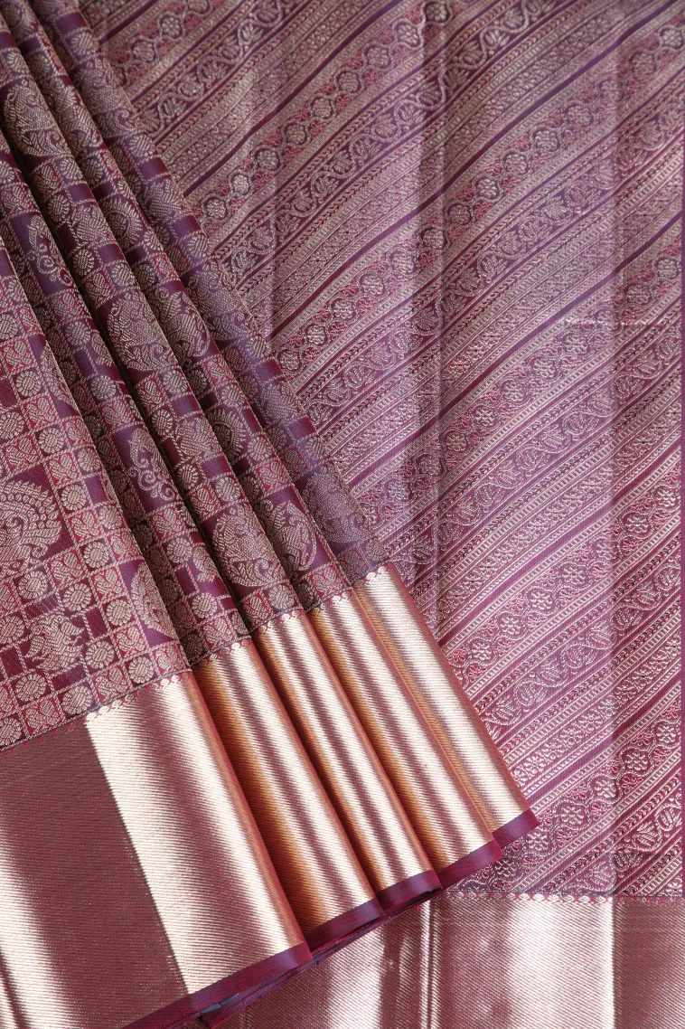 Cherry Red Kanchipuram Silk Sarees with Gold Zari Peacock And Animal view 1