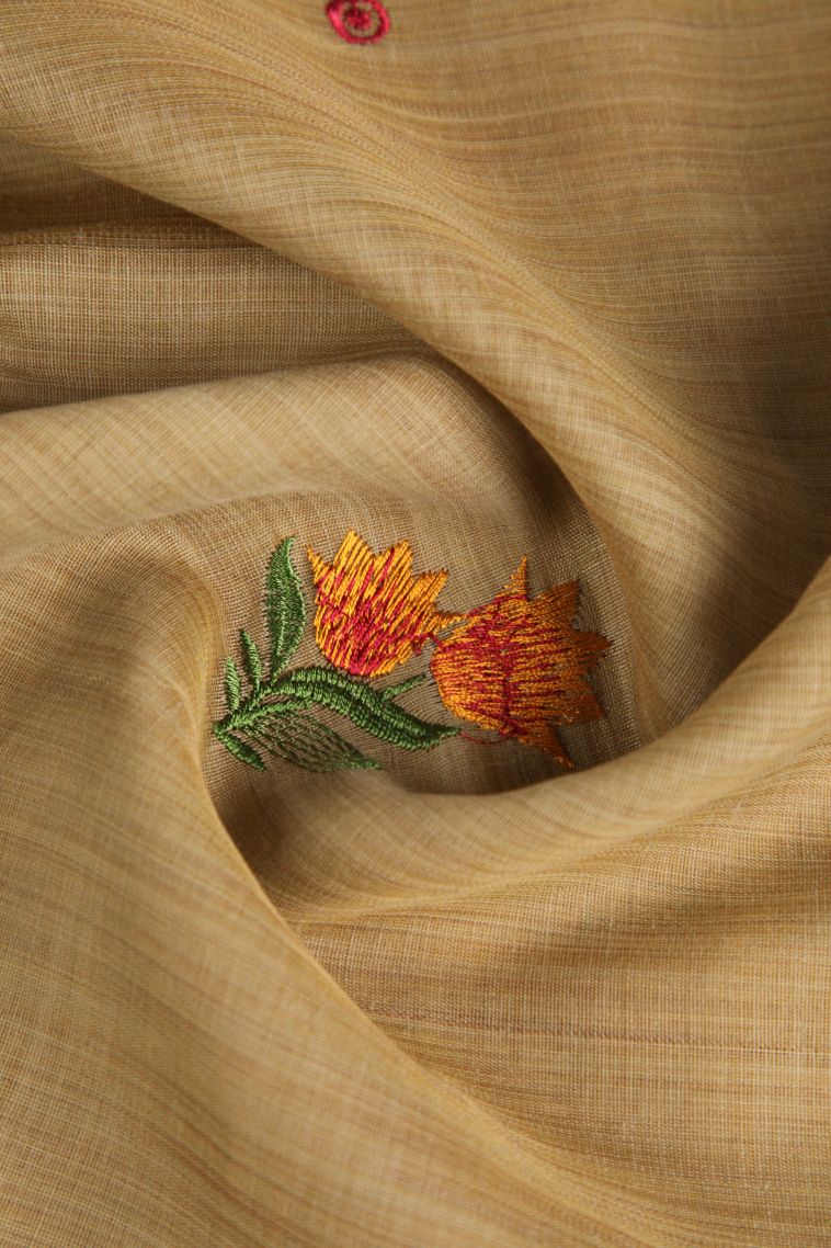 Hazelnut Yellow Chanderi Cotton Sarees Gold Zari with Floral Puttas Embroidary view 4